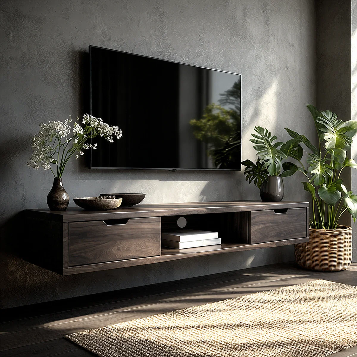 Floating Solid Wood TV Stand with Minimalist Storage and Open Shelf Design - ArborisWood - 7