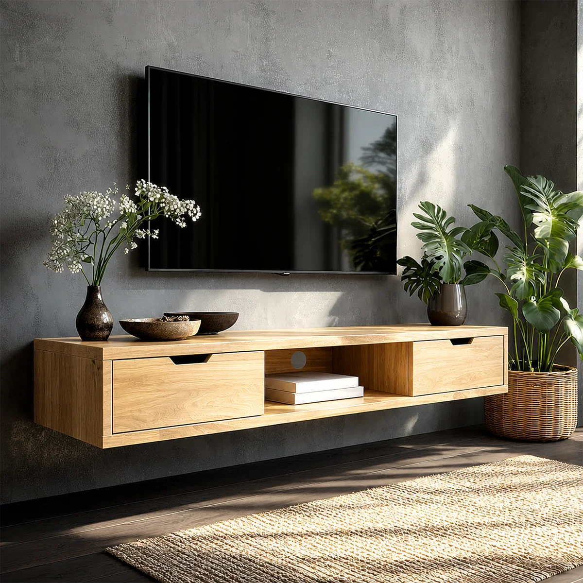 Floating Solid Wood TV Stand with Minimalist Storage and Open Shelf Design - ArborisWood - 8