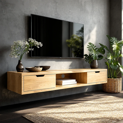 Floating Solid Wood TV Stand with Minimalist Storage and Open Shelf Design - ArborisWood - 8