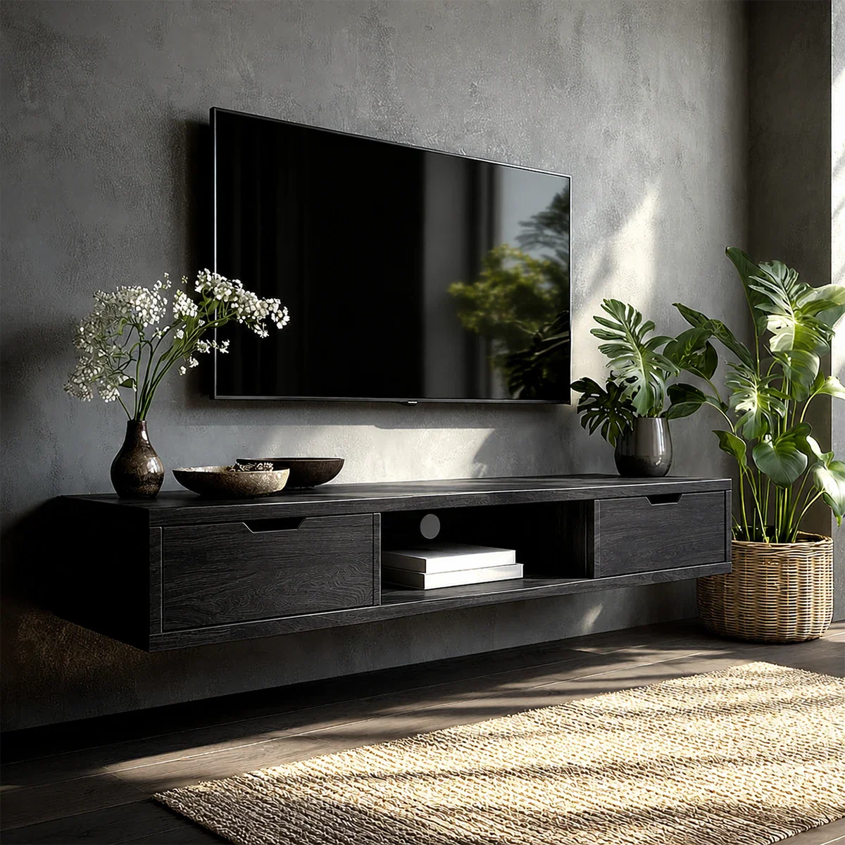 Floating Solid Wood TV Stand with Minimalist Storage and Open Shelf Design - ArborisWood - 9