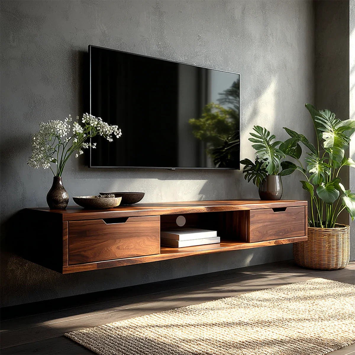 Floating Solid Wood TV Stand with Minimalist Storage and Open Shelf Design - ArborisWood