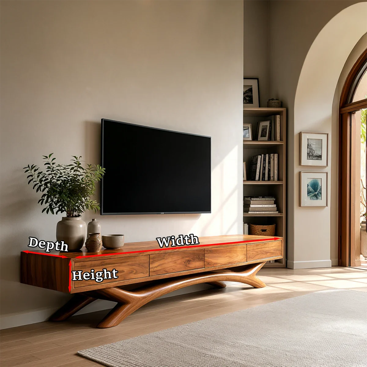 Floating Solid Wood TV Stand with Sculptural Curved Base Design for Living Room - ArborisWood - 11