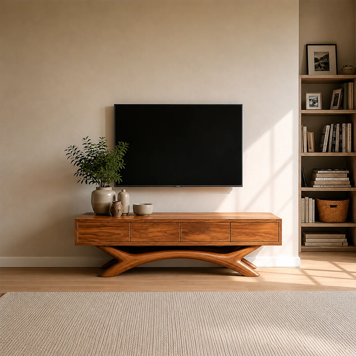 Floating Solid Wood TV Stand with Sculptural Curved Base Design for Living Room - ArborisWood - 12
