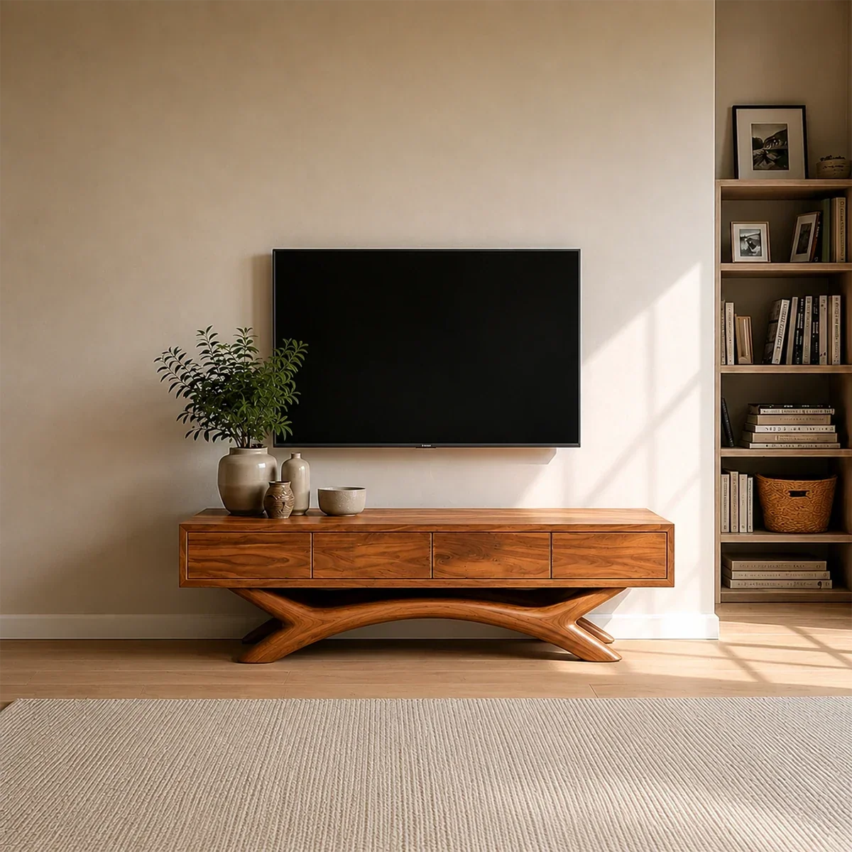 Floating Solid Wood TV Stand with Sculptural Curved Base Design for Living Room - Arboriswood - 12