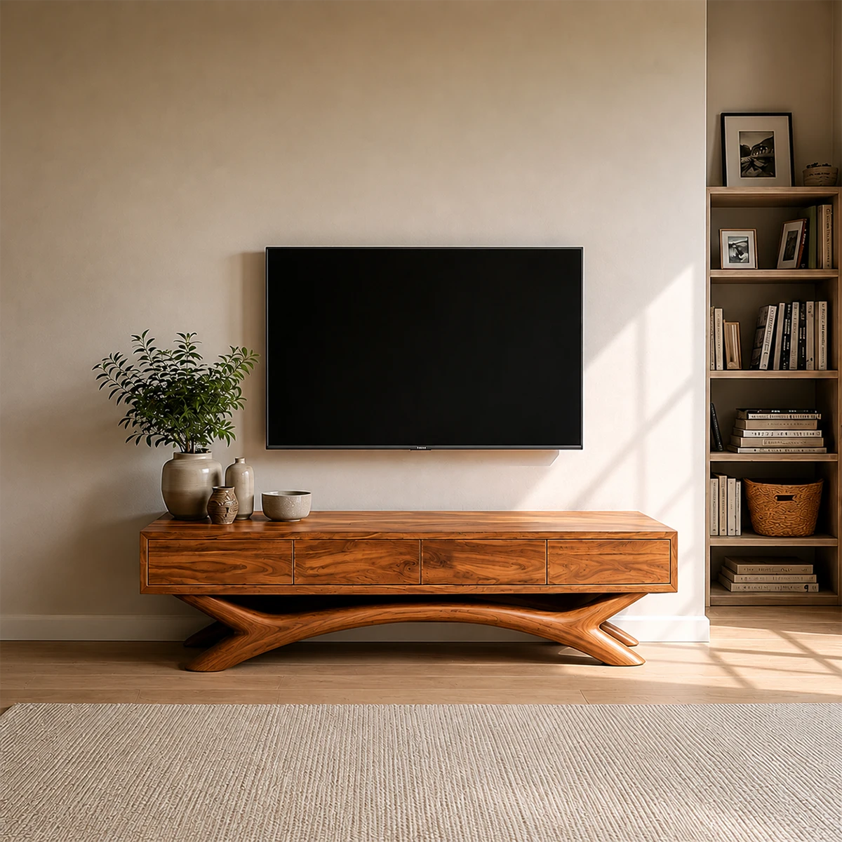 Floating Solid Wood TV Stand with Sculptural Curved Base Design for Living Room - ArborisWood - 13