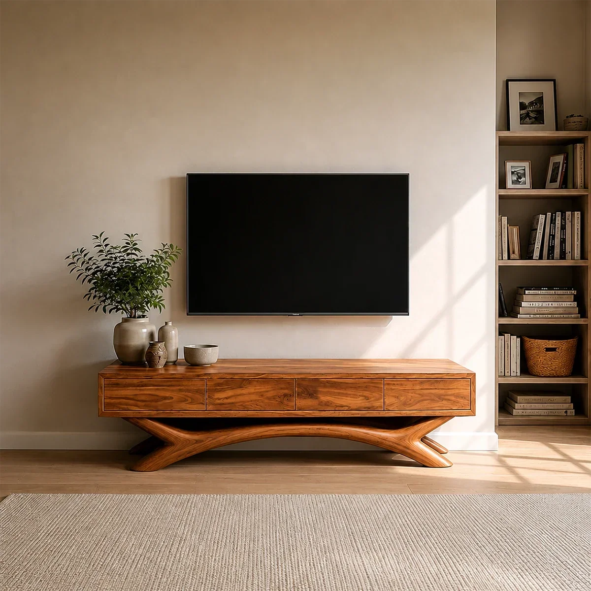 Floating Solid Wood TV Stand with Sculptural Curved Base Design for Living Room - Arboriswood - 13