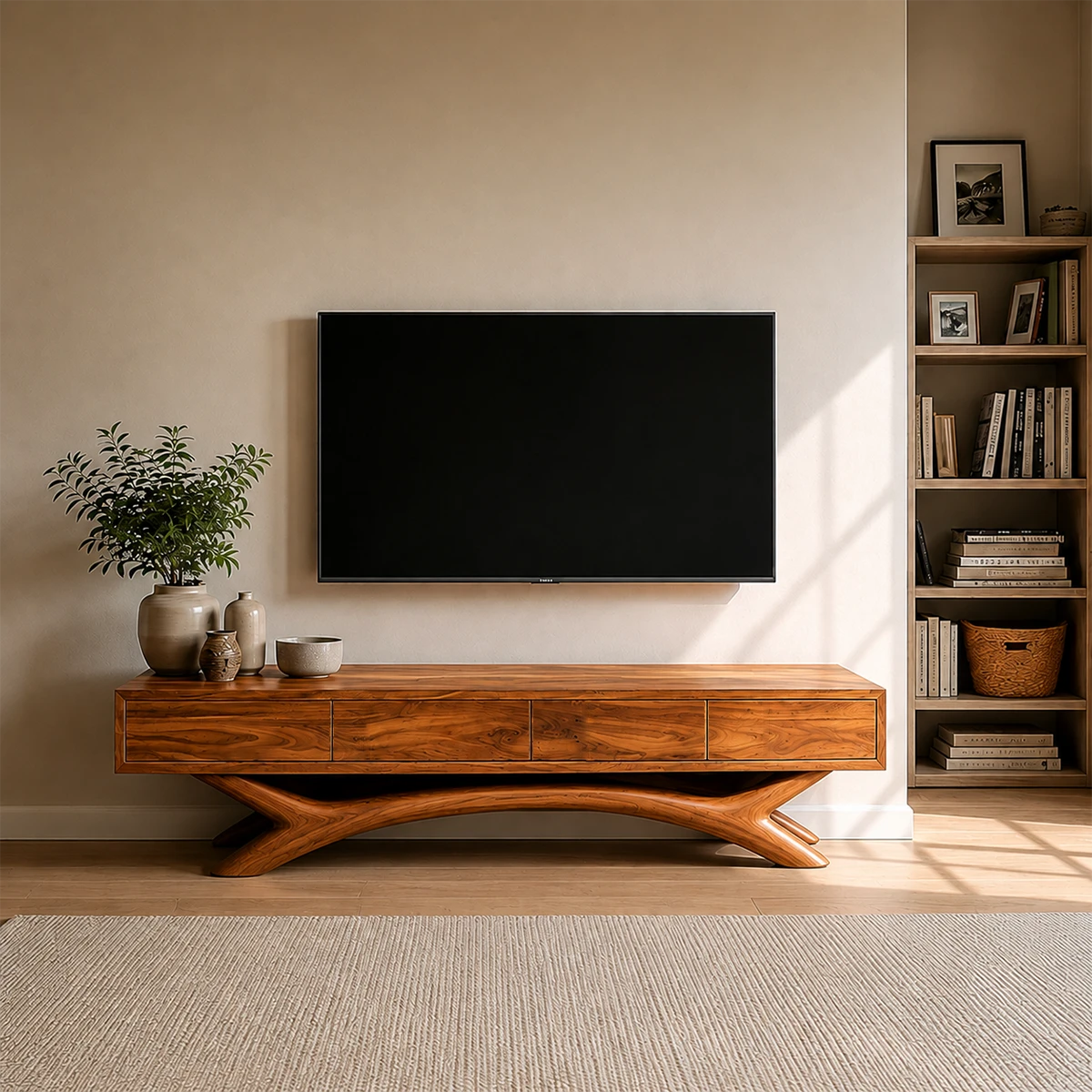 Floating Solid Wood TV Stand with Sculptural Curved Base Design for Living Room - ArborisWood - 14