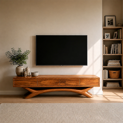 Floating Solid Wood TV Stand with Sculptural Curved Base Design for Living Room - ArborisWood - 14