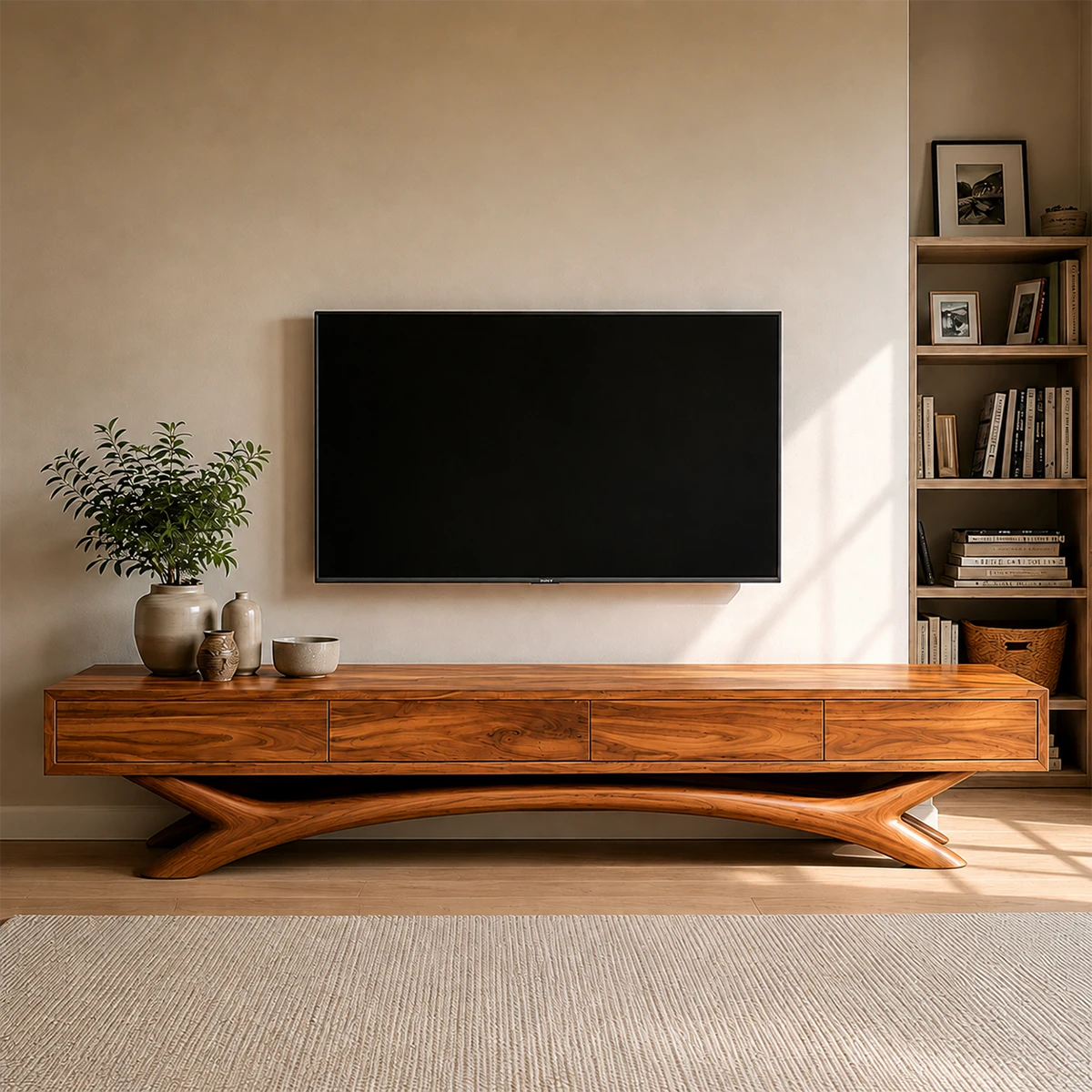 Floating Solid Wood TV Stand with Sculptural Curved Base Design for Living Room - ArborisWood - 15