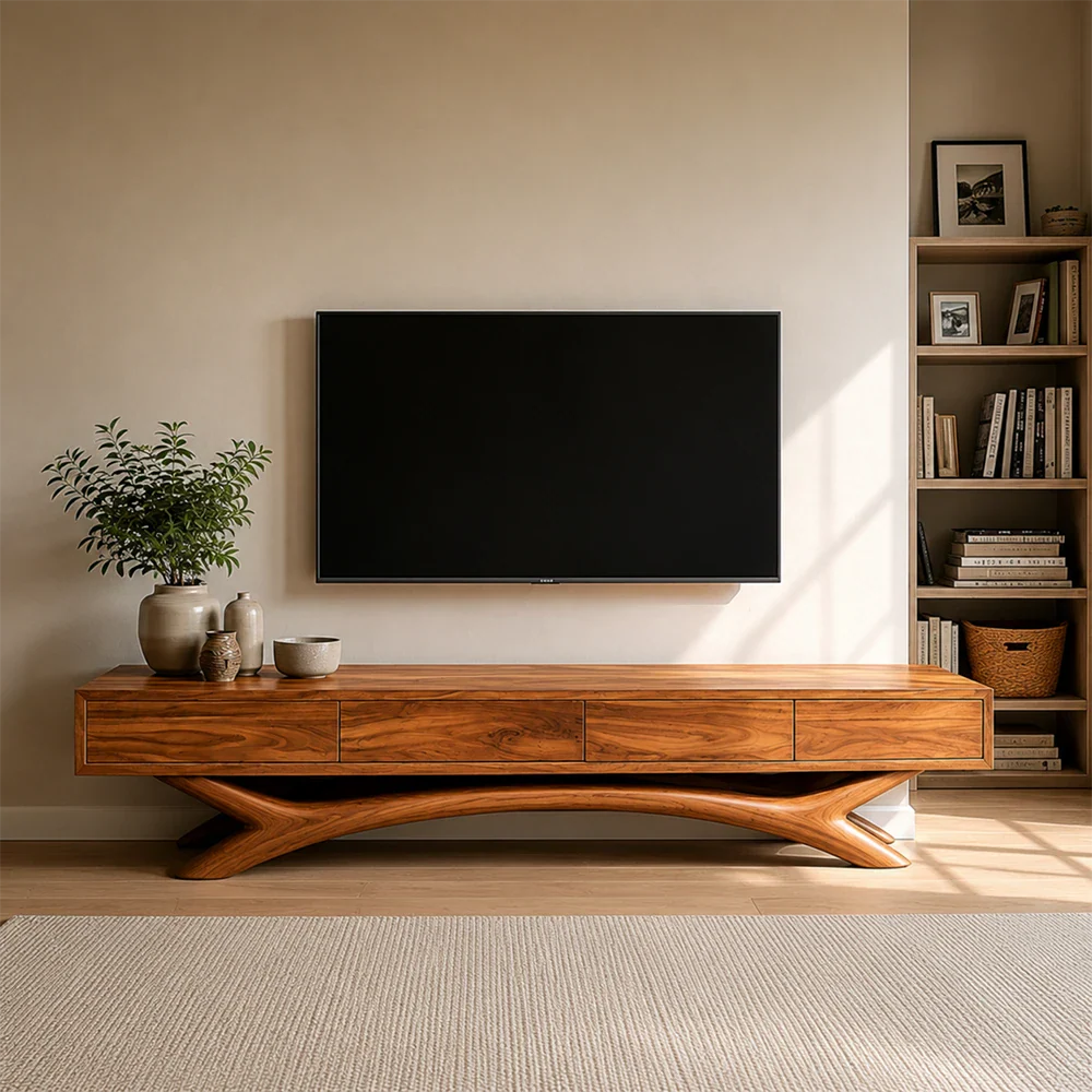 Floating Solid Wood TV Stand with Sculptural Curved Base Design for Living Room - ArborisWood - 3