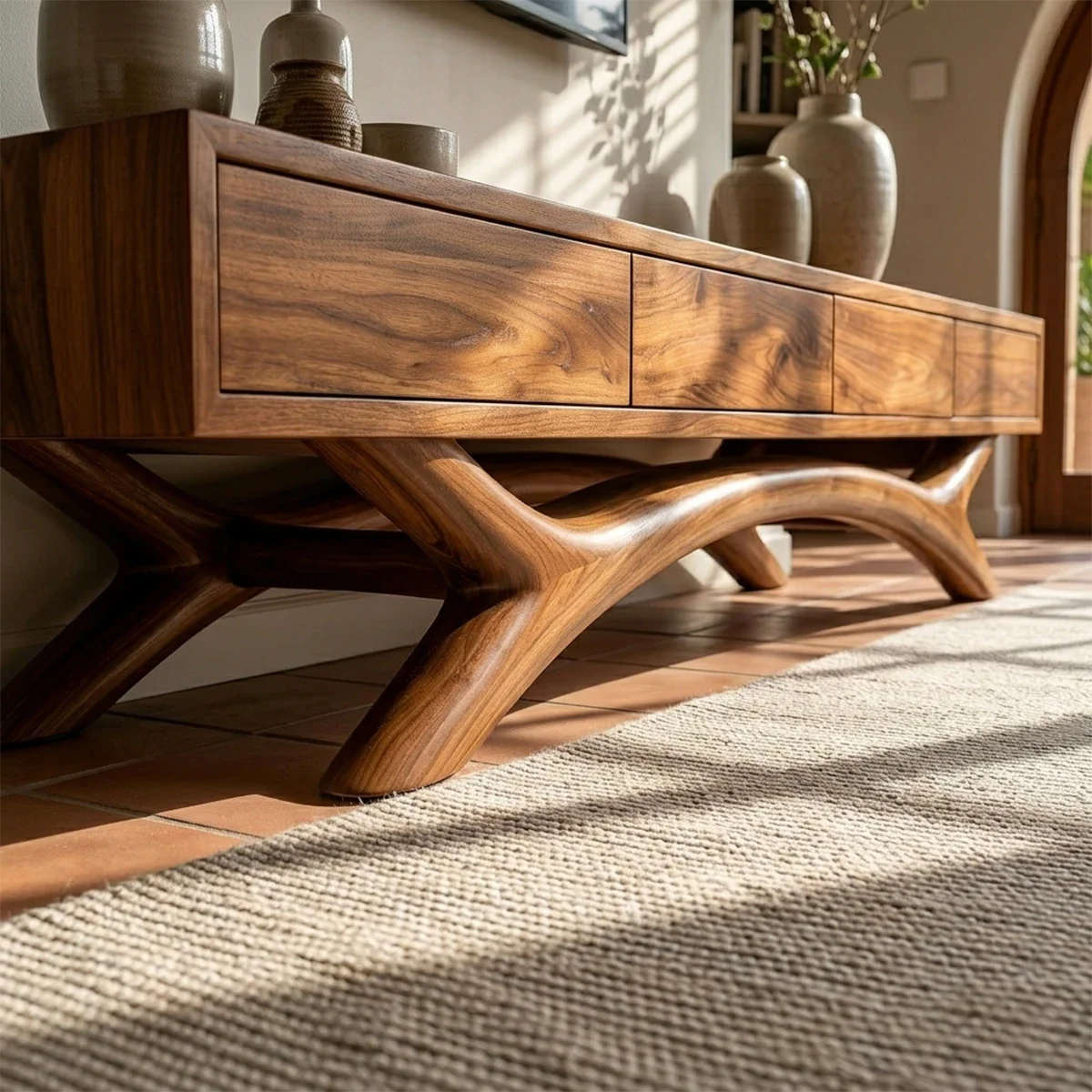 Floating Solid Wood TV Stand with Sculptural Curved Base Design for Living Room - ArborisWood - 4