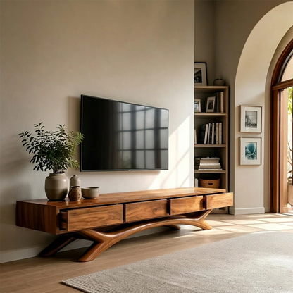 Floating Solid Wood TV Stand with Sculptural Curved Base Design for Living Room - ArborisWood - 5