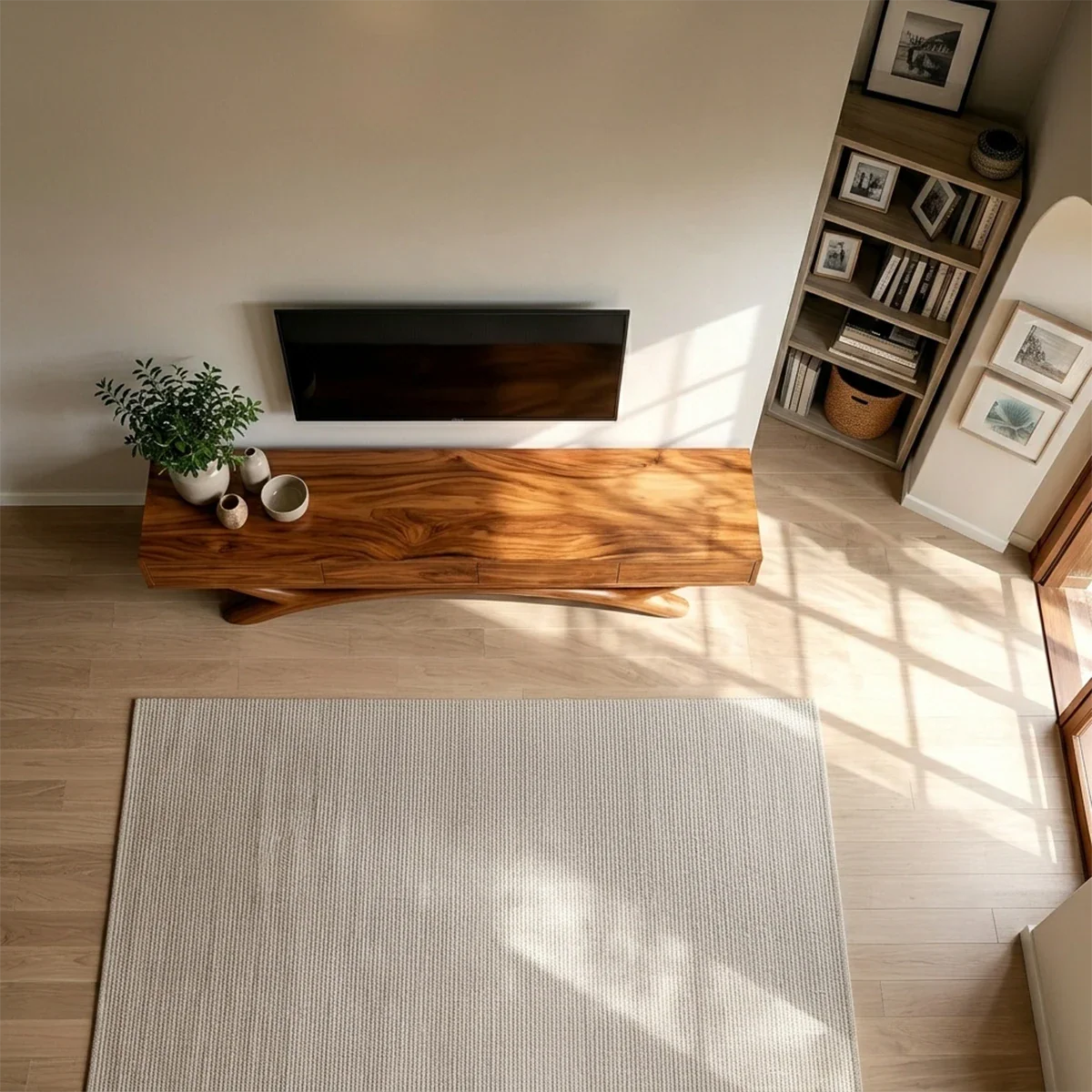 Floating Solid Wood TV Stand with Sculptural Curved Base Design for Living Room - ArborisWood - 6