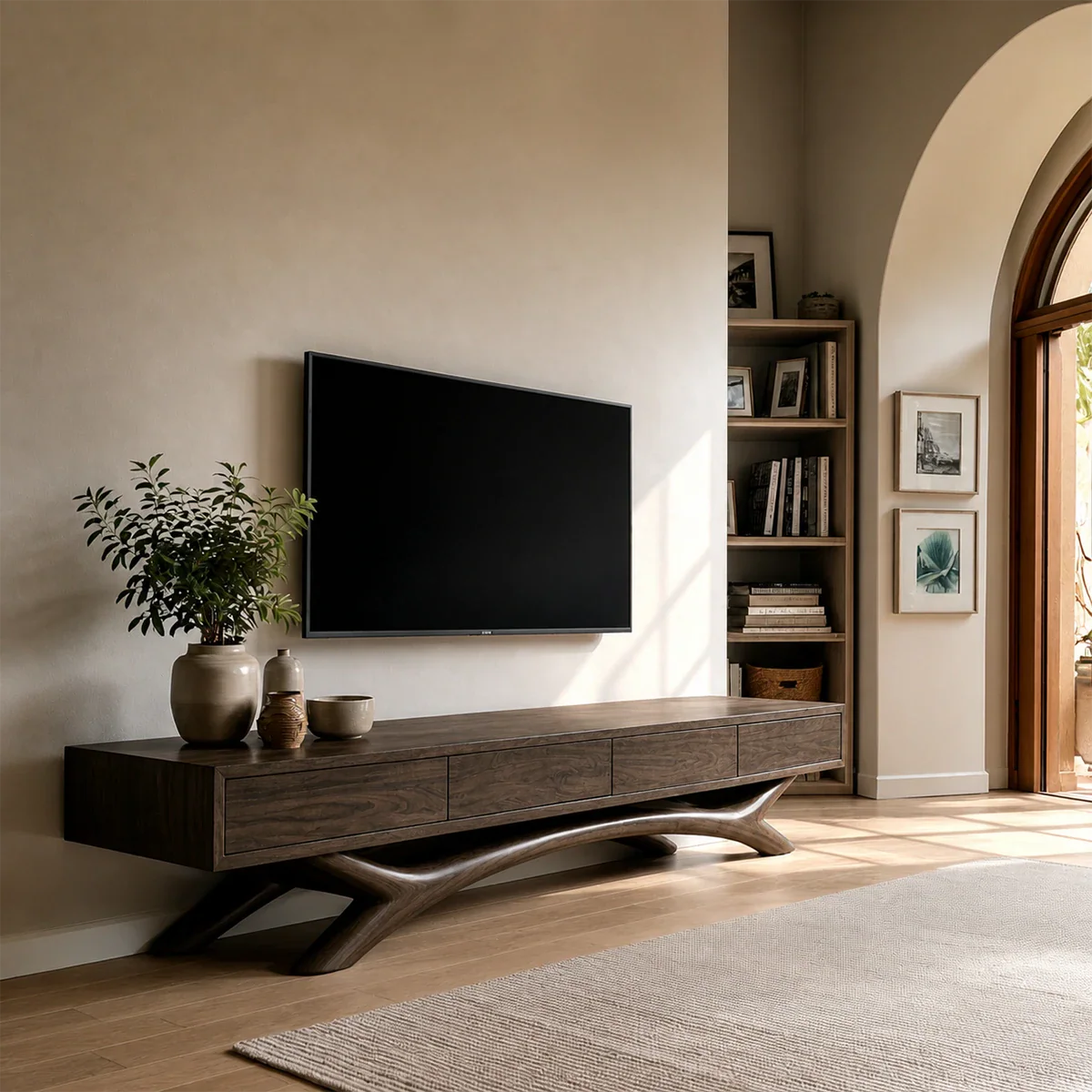 Floating Solid Wood TV Stand with Sculptural Curved Base Design for Living Room - ArborisWood - 7