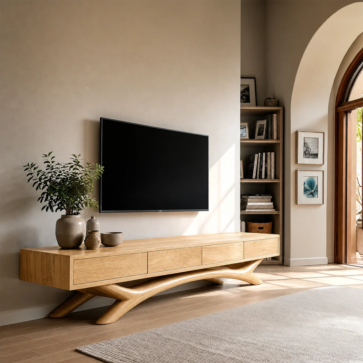 Floating Solid Wood TV Stand with Sculptural Curved Base Design for Living Room - ArborisWood - 8