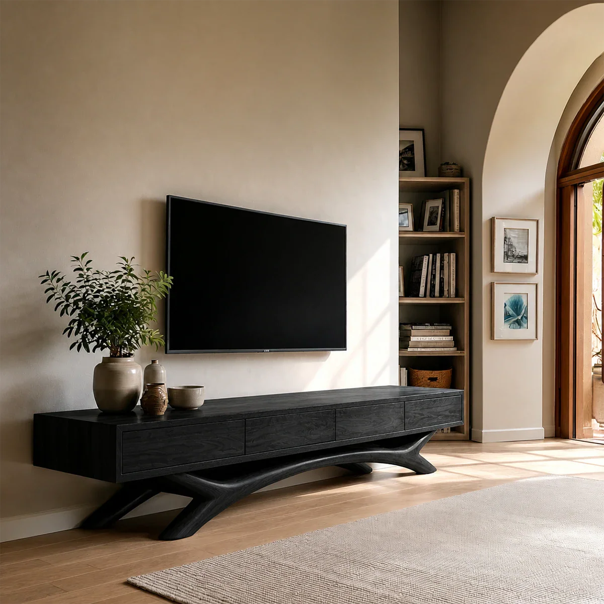 Floating Solid Wood TV Stand with Sculptural Curved Base Design for Living Room - ArborisWood - 9