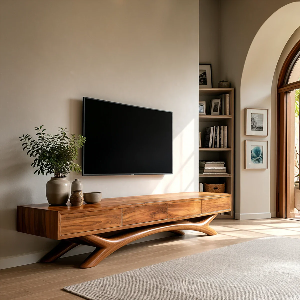 Floating Solid Wood TV Stand with Sculptural Curved Base Design for Living Room - ArborisWood
