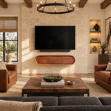 Sculptural modern TV stand in natural solid wood with rounded waterfall ends design