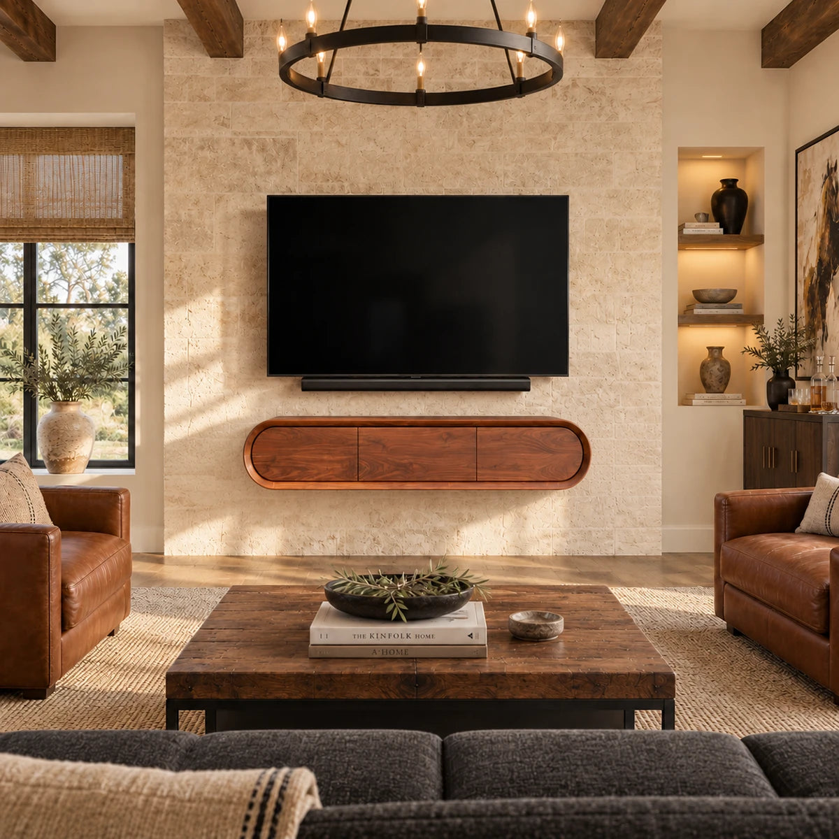Refined console for TV in natural solid wood with curved edges and clean lines style