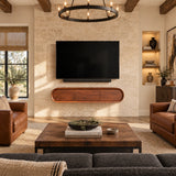 Refined console for TV in natural solid wood with curved edges and clean lines style