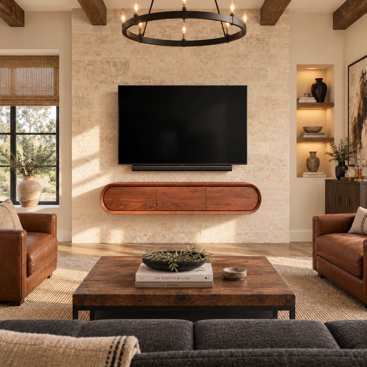 Distinct entertainment console in natural solid wood with minimalist storage appeal