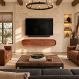 Distinct entertainment console in natural solid wood with minimalist storage appeal