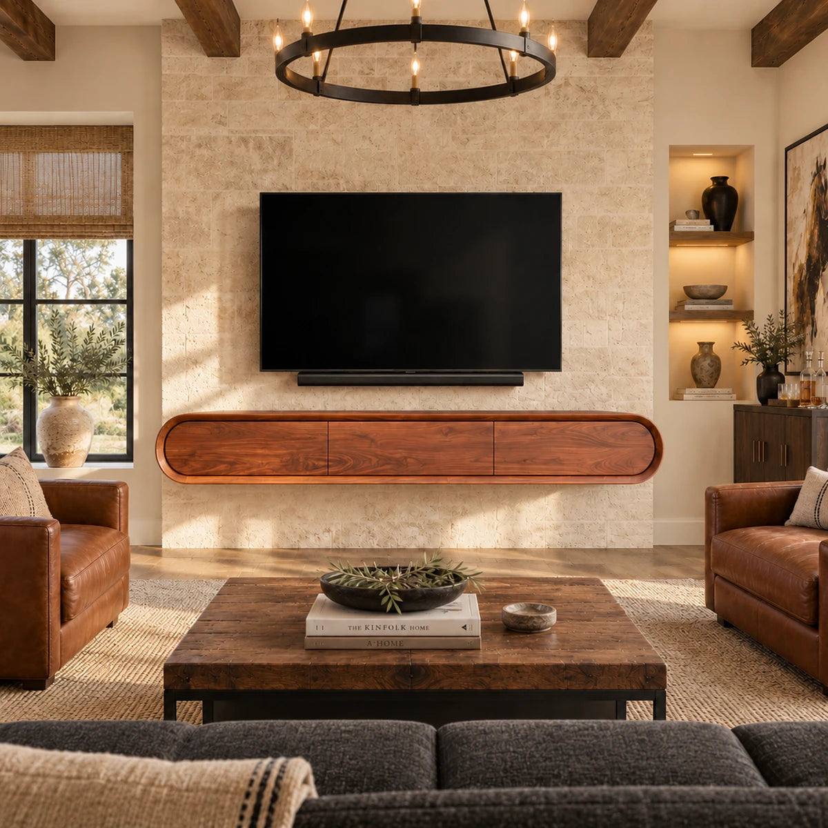 Clean-lined media unit in natural solid wood with floating mount and 3 doors style