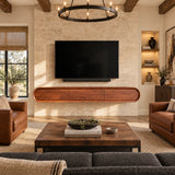 Clean-lined media unit in natural solid wood with floating mount and 3 doors style