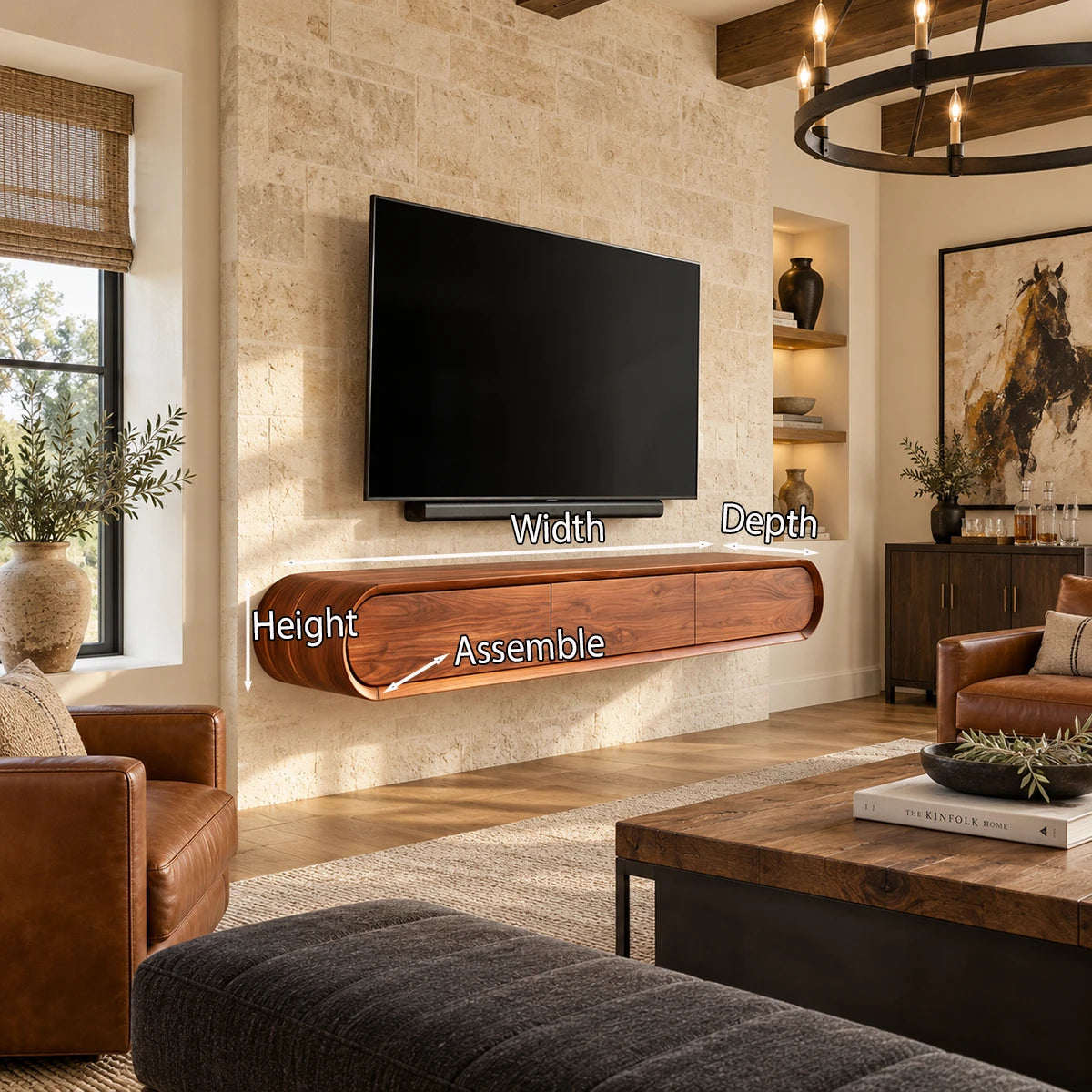 Contemporary wall-mounted media console in natural solid wood with soft curves detail