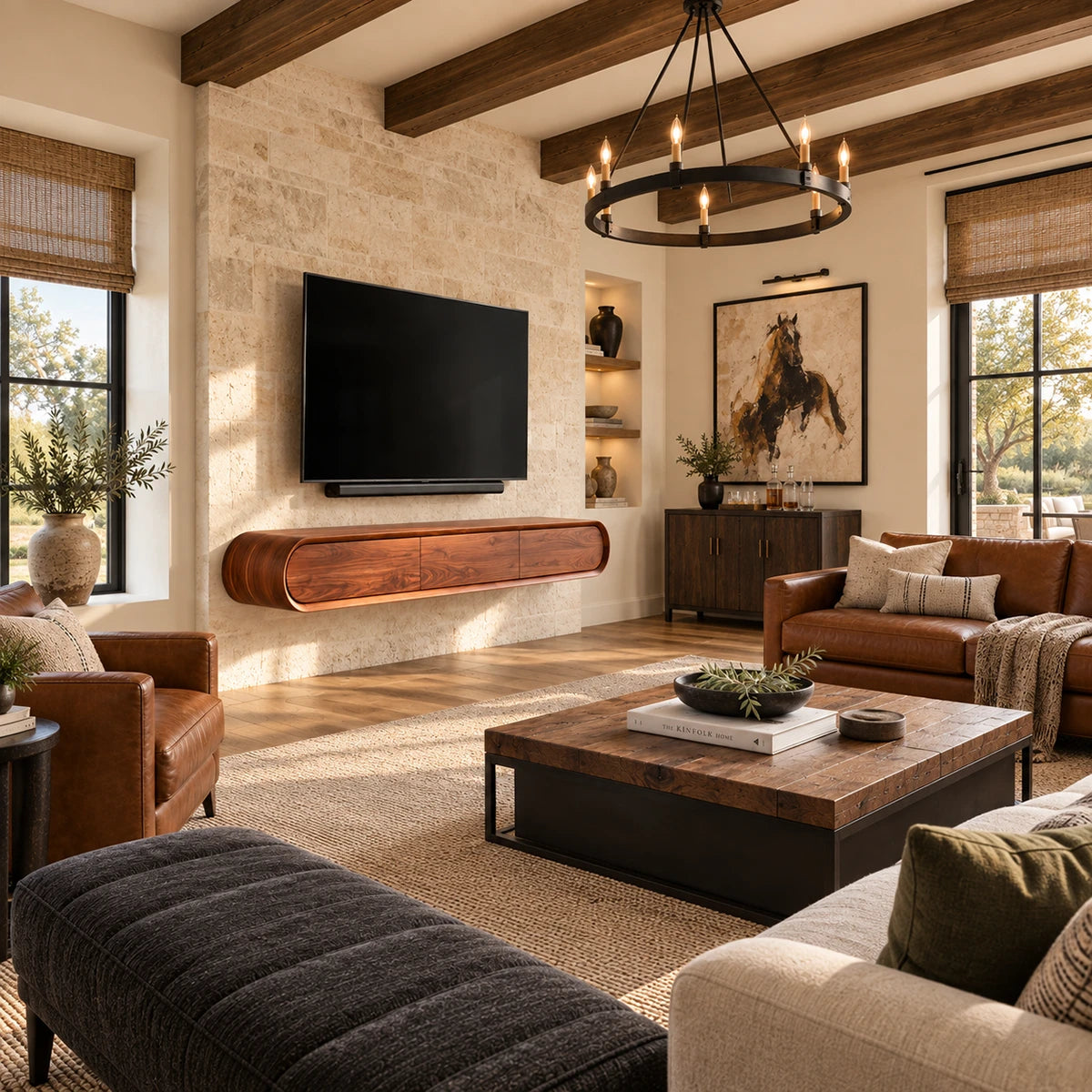 Sleek media console in natural solid wood with curved ends and hidden storage design
