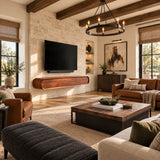 Sleek media console in natural solid wood with curved ends and hidden storage design