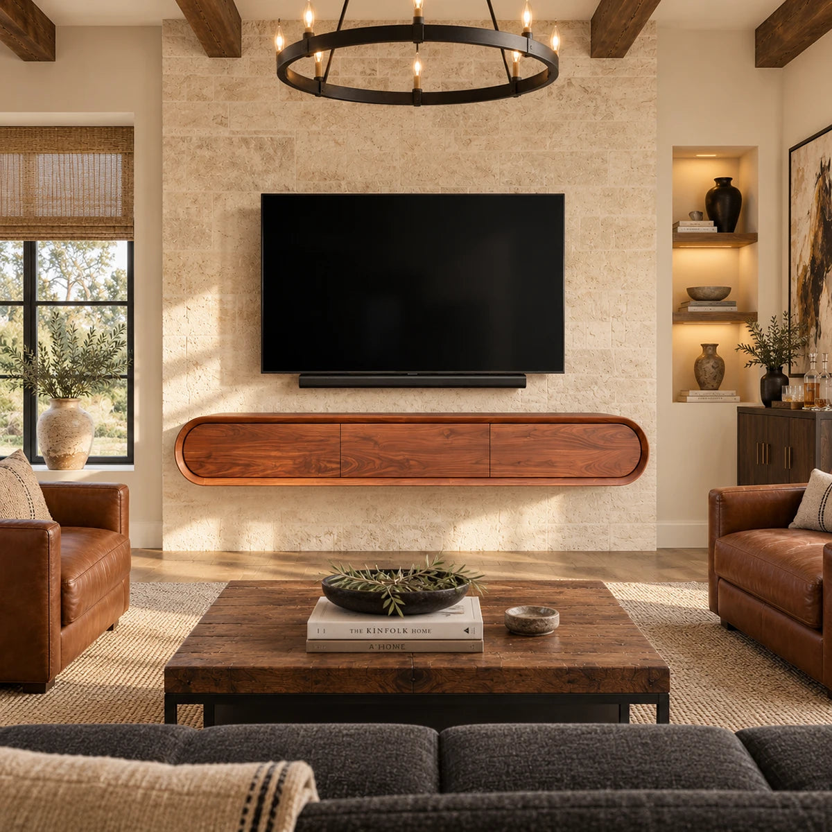 Modern entertainment center in natural solid wood with wall-mounted form and clean storage