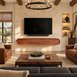 Modern entertainment center in natural solid wood with wall-mounted form and clean storage