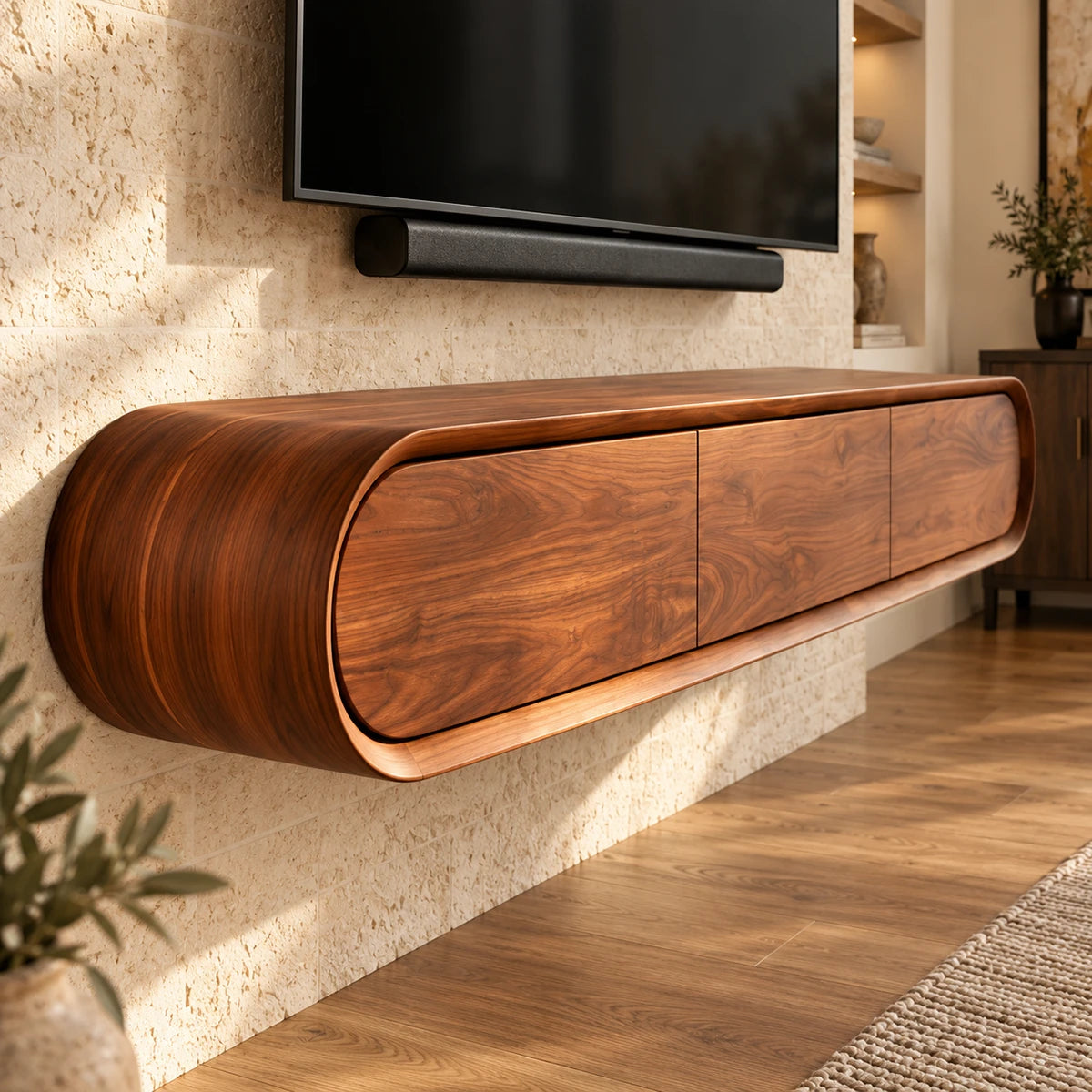 Rounded TV console in natural solid wood with three doors and floating style design