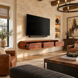 Minimal media cabinet in natural solid wood with rounded frame and closed storage