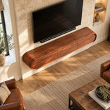 Low television stand in natural solid wood with curved silhouette and three doors