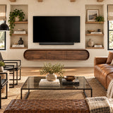 Elegant living room TV stand in natural solid wood with a floating profile design