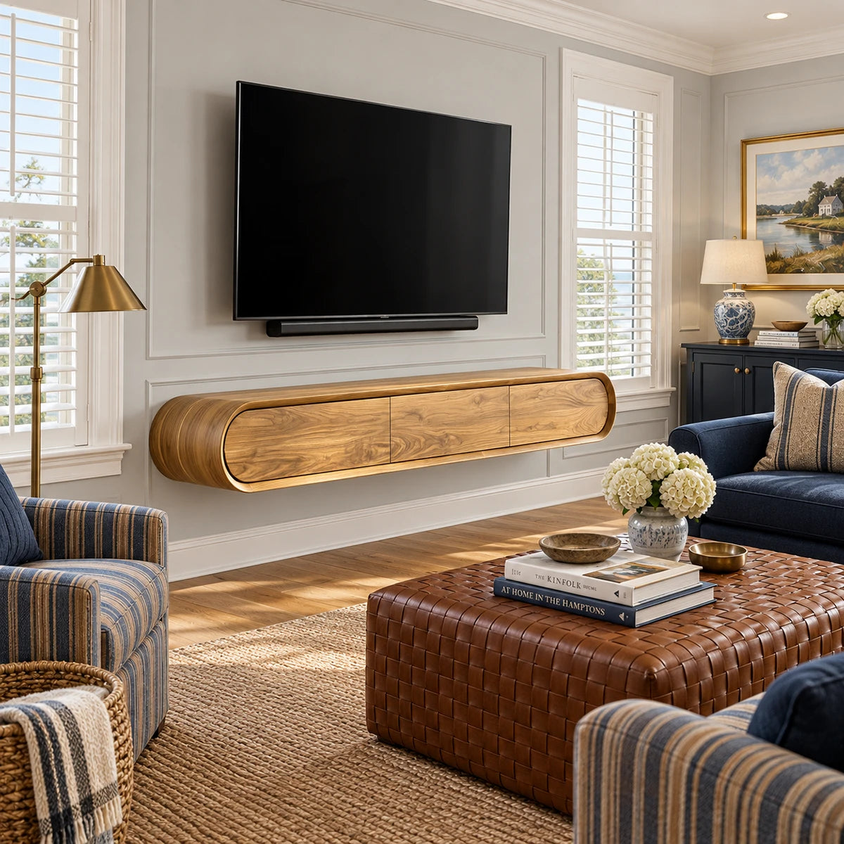 Wall-mounted TV stand with storage in natural solid wood and rounded corners design