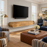 Wall-mounted TV stand with storage in natural solid wood and rounded corners design