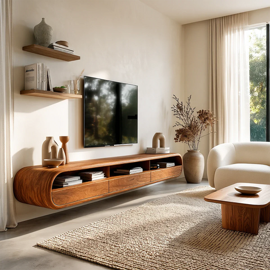 Floating TV stand featuring curved edges and natural wood finish for modern living room storage
