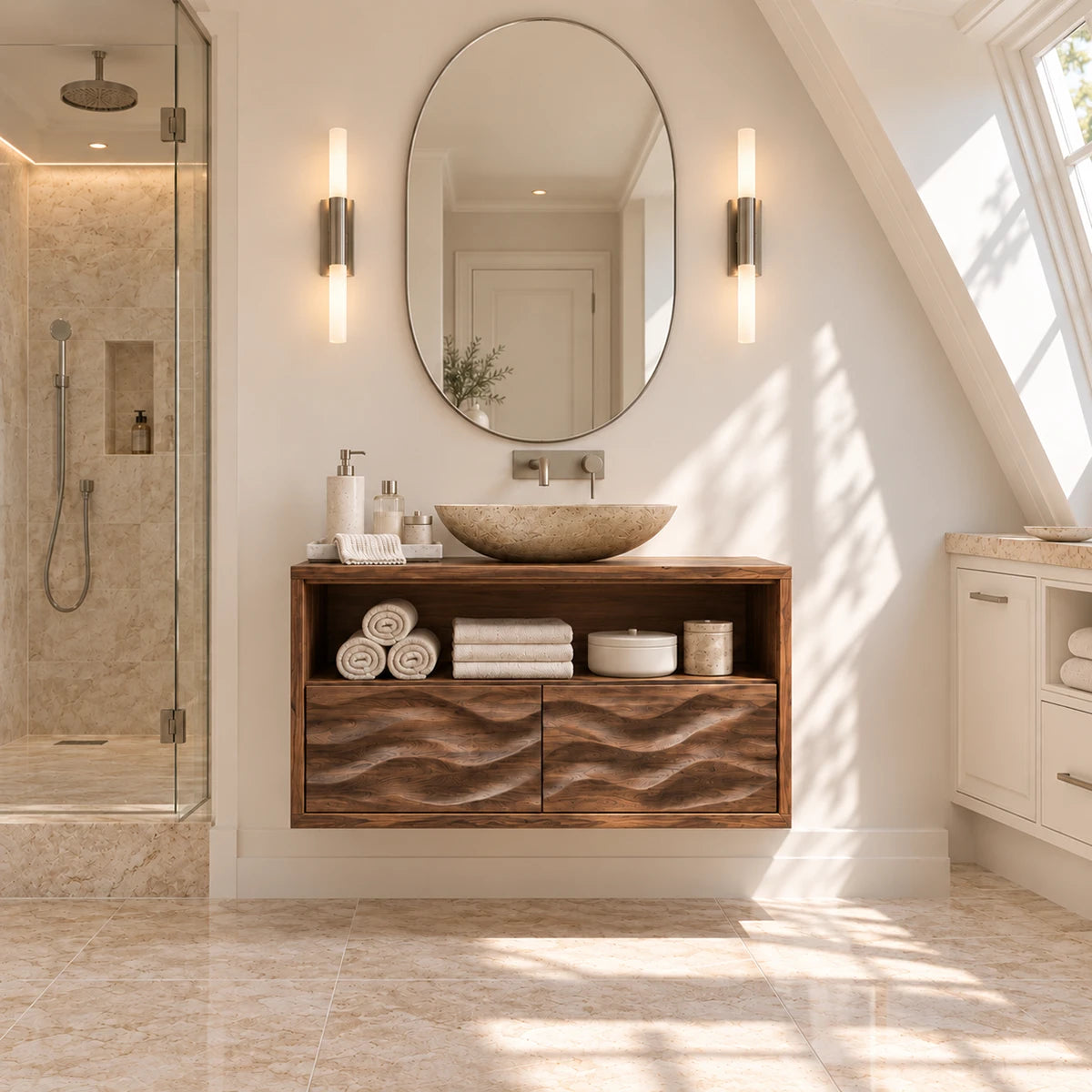 Organic style bath vanity in natural solid wood with carved movement and top shelving