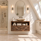Organic style bath vanity in natural solid wood with carved movement and top shelving