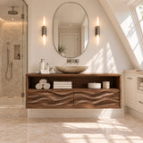 Refined bathroom storage cabinet in natural solid wood with artistic drawer detailing