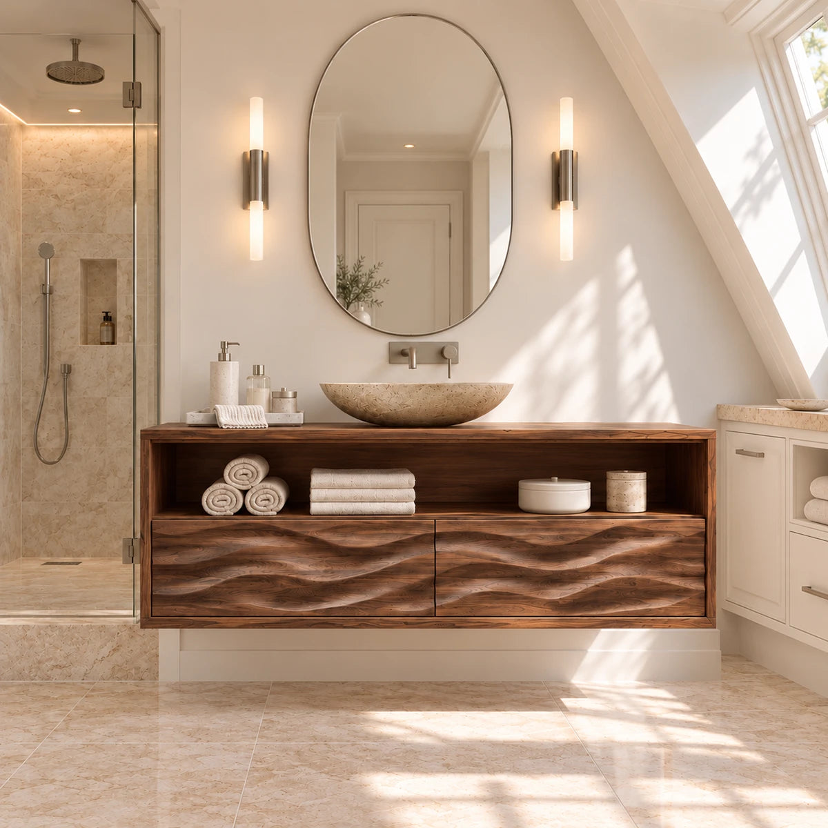 Statement vanity console in natural solid wood with wave carved drawers and shelf space