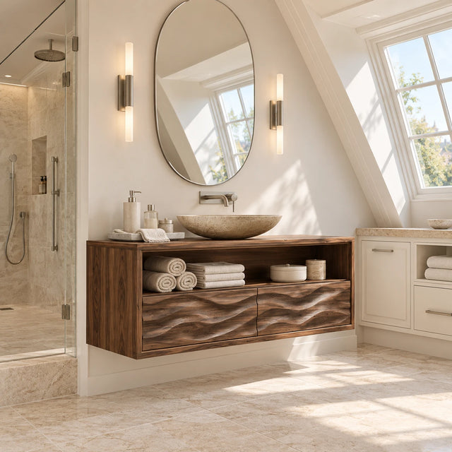 Floating bathroom vanity in natural solid wood with carved drawer fronts and shelf