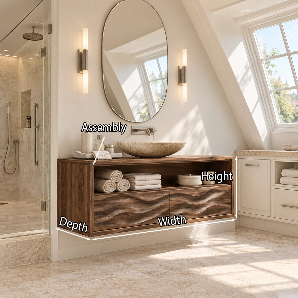 Modern floating vanity unit in natural solid wood with sculpted fronts and shelf storage