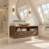 Modern floating vanity unit in natural solid wood with sculpted fronts and shelf storage