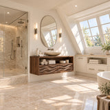 Natural solid wood vanity cabinet with sculpted wave panels and open towel storage