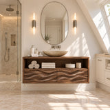 Wall mounted bath vanity in natural solid wood with textured drawers and top shelf