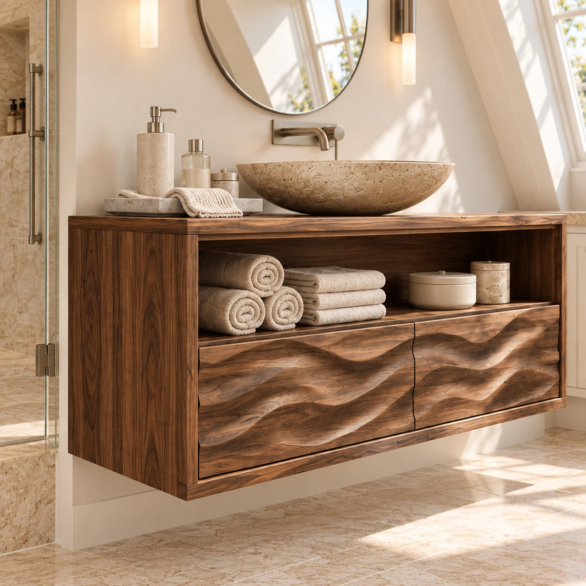 Open shelf bathroom cabinet in natural solid wood with flowing carved drawer fronts